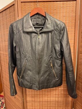 giacca Black Leather Zip-Up Jacket with Gold Zippers